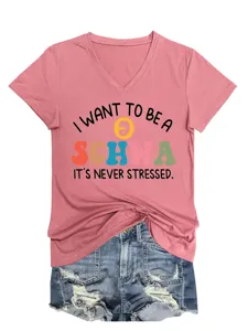 Lässiges damen v-ausschnitt kurzarm t-shirt mit lustigem schwa buchstaben grafik top.