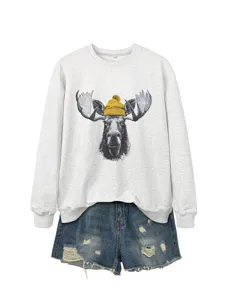 Sudadera de manga larga con cuello redondo y gráfico de alce lindo para mujer con shorts vaqueros