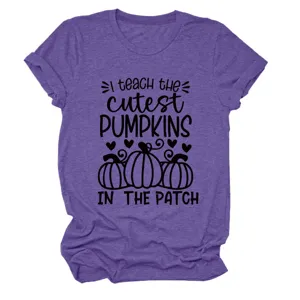 Casual women's purple short sleeve t-shirt with cute pumpkin teacher graphic print.