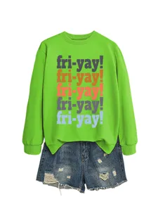 Green long sleeve sweatshirt detail with colorful fri-yay print and matching denim shorts.