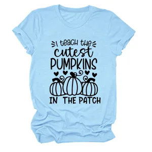 Light blue short sleeve t-shirt with cute pumpkin teacher graphic for women daily wear.