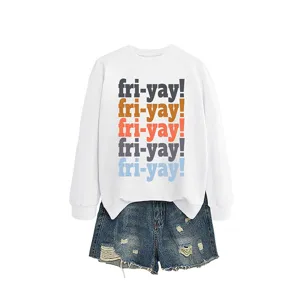 Women casual white long sleeve sweatshirt with colorful fri-yay print and denim shorts.