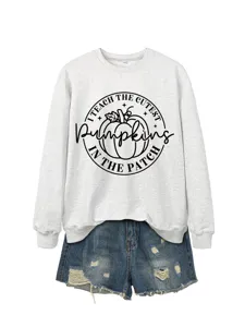 Lässiges graues Langarm-Sweatshirt für Damen mit niedlichem Herbst-Kürbis-Grafikdruck.