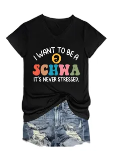 Damen V-Ausschnitt Kurzarm T-Shirt mit lustigem Schwa Grafik Aufdruck Sommer Freizeit Top neu.