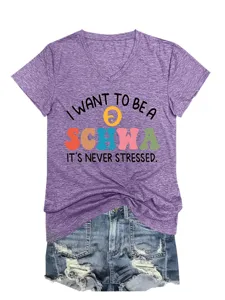Lässiges violettes V-Ausschnitt Kurzarm-T-Shirt mit einem witzigen Slogan-Druck für Damen.