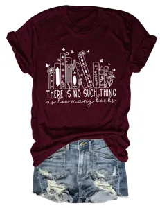 Casual bordeauxrode ronde hals korte mouw t-shirt met boekenprint voor stijlvolle dames