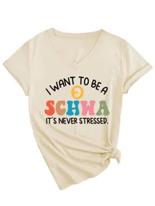 Damen V-Ausschnitt Kurzarm T-Shirt Sommer Freizeit Lustiger Schwa Buchstabe Druck Top