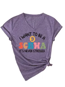 Detailansicht Damen V-Ausschnitt Kurzarm T-Shirt mit lustigem linguistischen Schwa Zitat Grafik.