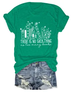 Gedetailleerd overzicht van groen t-shirt met korte mouwen en boekgrafiek en citaat.