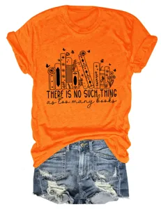 Oranje korte mouwen T-shirt met boekengrafiek en citaat, casual ronde hals top voor dames.