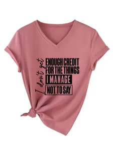 Γυναικείο casual T-shirt με V-λαιμόκοψη και κοντό μανίκι με τύπωμα γραμμάτων και κόμπο.