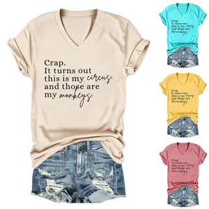 T-shirt femme col V manches courtes imprimé lettre style décontracté haut d'été loose