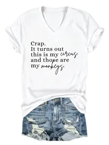T-shirt femme blanc décontracté à col en V et manches courtes avec imprimé lettrage drôle.