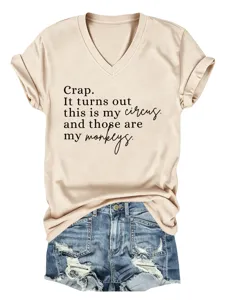 T-shirt femme décontracté beige à col V, manches courtes, imprimé lettres et short en jean.