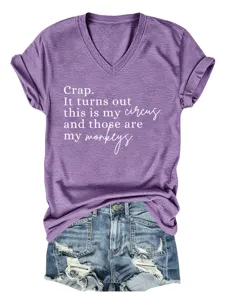 T-shirt femme décontracté violet col V à manches courtes avec top graphique lettre.