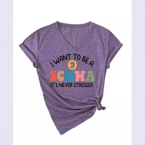 Damen Casual Baumwolle V-Ausschnitt Top Bedruckt Buchstaben-Slogan Kurzarm Sommer Lose Passform T-Shirt Komfort Kleidung Für Alltag
