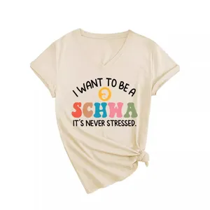 Lässiges V-Ausschnitt Kurzarm T-Shirt mit lustigem linguistischen Schwa Zitat Grafikdruck.