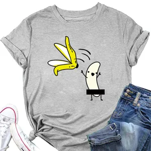 Γκρι γυναικείο casual t-shirt με αστείο τύπωμα μπανάνας, άνετο κοντομάνικο τοπ με στρογγυλή λαιμό.
