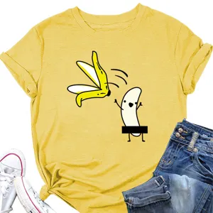 Γυναικείο casual κίτρινο T-shirt κοντομάνικο με χαριτωμένο αστείο τύπωμα μπανάνας