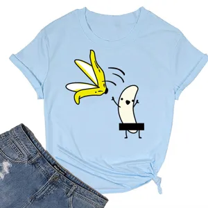 Γαλάζιο casual κοντομάνικο t-shirt με αστείο μπανάνα cartoon στάμπα για το καλοκαίρι