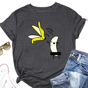 Γκρι γυναικείο κοντομάνικο t-shirt με αστείο τύπωμα μπανάνας κινουμένων σχεδίων