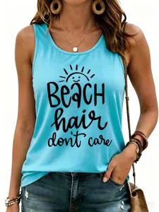 Camiseta de tirantes de verano para mujer azul casual sin mangas con estampado de moda