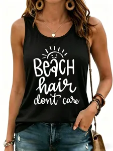Camiseta de tirantes negra informal de verano para mujer con estampado divertido, sin mangas.