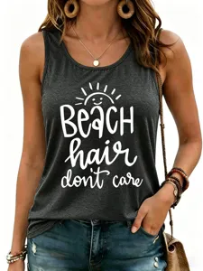 Camiseta de tirantes gris informal de verano para mujer con estampado de eslogan para uso diario.