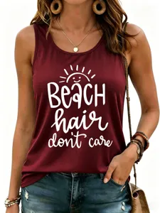 Top sin mangas casual para mujer con estampado de letras de playa para el verano.