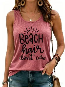 Camiseta sin mangas verano casual mujer estampado playa, top básico cuello redondo.