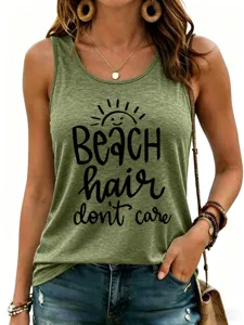 Mujer verano casual sin mangas camiseta con estampado de letras de playa top básico