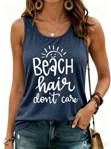 Camiseta sin mangas de verano para mujer con estampado de letras, diseño casual y cuello redondo.