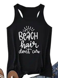 Mujer Verano Casual Negro Camiseta Sin Mangas Beach Hair Slogan Estampado Blusa