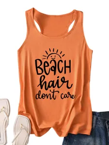 Top sin mangas racerback casual de verano naranja para mujer con detalle de impresion de playa