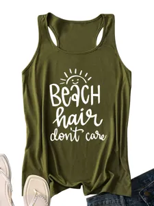 Mujer verano camiseta sin mangas verde militar letras playa top deportivo casual