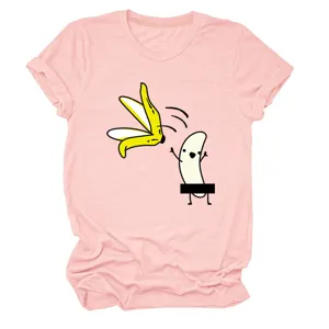 Χαριτωμένο αστείο γυναικείο ροζ T-shirt με τύπωμα μπανάνας κοντομάνικο καλοκαιρινό