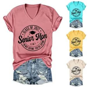 Γυναικείο κοντομάνικο t-shirt αποφοίτησης με V λαιμόκοψη casual top καλοκαιρινό με στάμπα