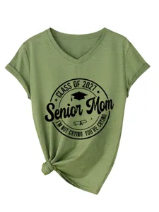 Prasino gynaikeio t-shirt me V-laimo kai konta manikia me grafiki ektiposi mama apofoitis.