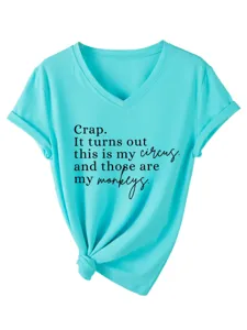 T-shirt décontracté à col en V pour femme avec impression de lettres et nœud élégant.