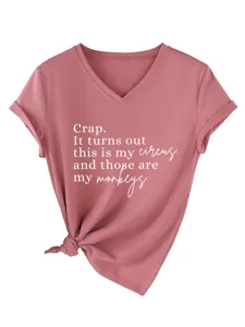 T-shirt décontracté pour femme à col en V et manches courtes avec imprimé amusant.