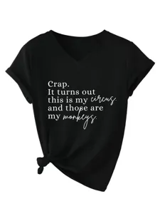 T-shirt femme noir décontracté col V manches courtes avec imprimé drôle et nœud ourlet.