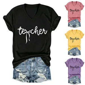 Femme décontracté col V manches courtes t-shirt avec joli imprimé lettre de nœud.
