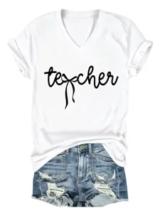 Femme decontractée col V manches courtes t-shirt blanc avec imprimé lettre et nœud.