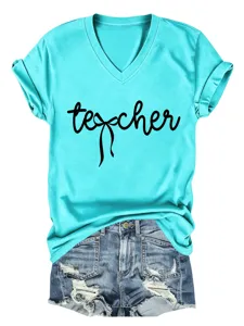 T-shirt femme décontracté à manches courtes et col V avec impression de lettres et short en jean.