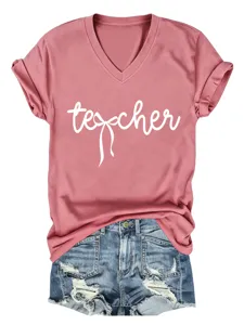 T-shirt décontracté pour femme à col V et manches courtes avec imprimé lettre pour l'été.