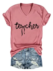 T-shirt décontracté pour femme à col V et manches courtes avec imprimé lettre élégant.