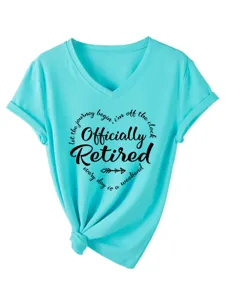 Dames V-Hals Korte Mouw T-Shirt Casual Gepensioneerd Letter Print Knoop Top Blauw