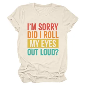 T-shirt femme décontracté à col rond et manches courtes avec imprimé citation, beige.