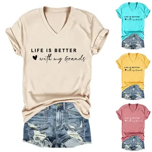 Casual dames V-hals korte mouw t-shirt met letterprint, comfortabele losse pasvorm stijl.