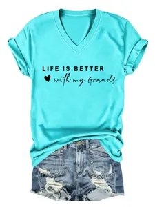 Dames turkoois V-hals korte mouw t-shirt met inspirerende letter print mooie details.